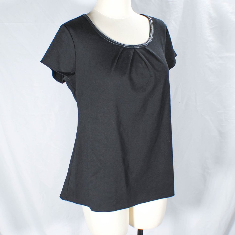 Faux Leather Trimmed Neckline Blouse Top Zipper Back Edgy Business Casual
